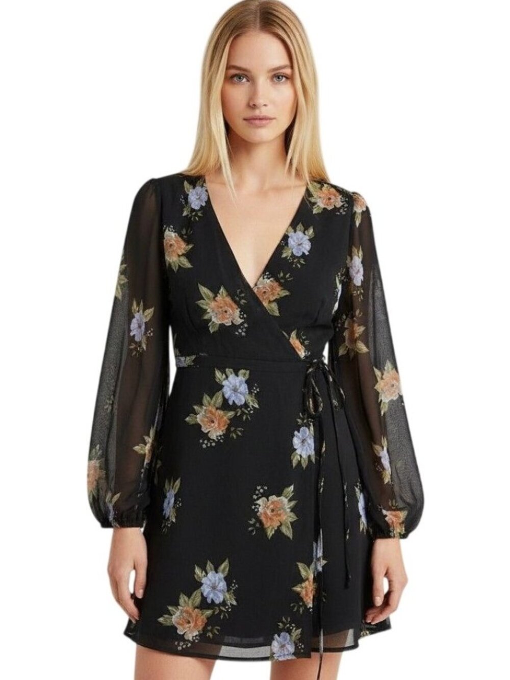 Urban Outfitters Women's Wrap Dress S Bleecker Black Floral Sheer Long Sleeve